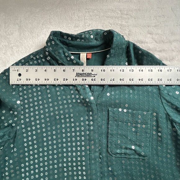 Anthropologie Pilcro Womens Sequin Button-Up Shirt Blouse Medium Green Pocket - Picture 7 of 9